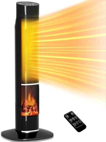Space Heater for Indoor Use, 31" Ceramic Heater with Mini Fireplace for Large Room,1500W Electric Heater with Thermostat, Tower Heater with Remote Control, 70°Oscillation, 24H Timer,  - Lot 375