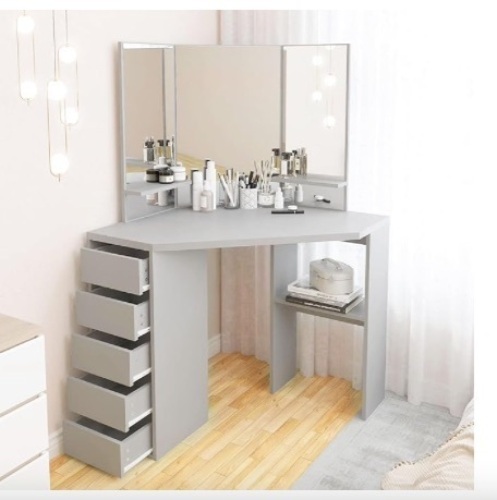 Corner Makeup Vanity Desk with Mirror,Makeup Desk with 5 Sliding Drawers & Storage Shelves Gray Vanity for Bedroom Small Spaces  - Lot 471