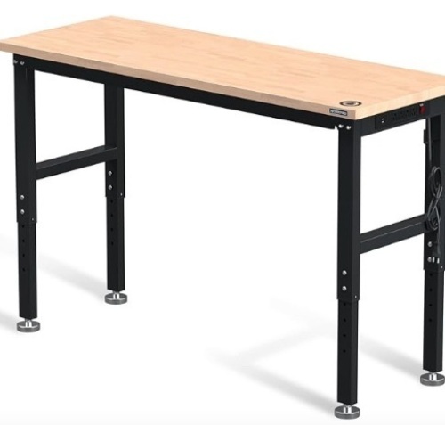 WORKPRO 60" Adjustable Workbench, Rubber Wood Top Heavy-Duty Workstation, 2000 LBS Load Capacity Hardwood Worktable with Power Outlets, for Workshop, Garage, Office, Home - Lot 473