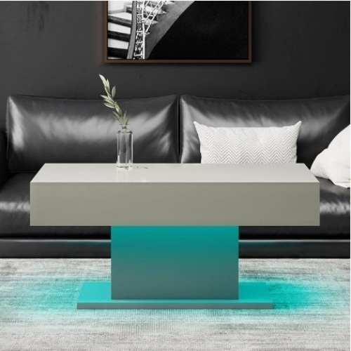 Grey LED Coffee Table for Living Room High Glossy, Modern Center Middle Table, Smart Cocktail Tea Table Rectangle, Contemporary Wood Living Room Table with 16 Colors LED Lights for Home Office - Lot 489