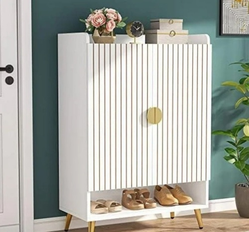 Shoe Cabinet with Doors 7-Tier Shoe Cabinet with Adjustable Shelves Wooden Shoes Rack Shoe Organizer for Entryway Hallway Closet Living Room Wood and Gold - Lot 490