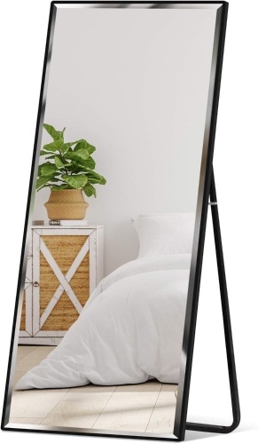 Full Length Mirror, Rectangular Hanging & Leaning Floor Mirror for Bedroom, Living Room, Vertical, Horizontal w/High Clarity, Beveled Edges, Anti-Blast Film - Black - Lot 3910