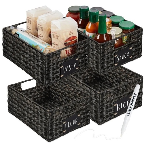 Set of 4 Water Hyacinth Pantry Baskets w/ Chalkboard, Marker - 12in - Lot 4061