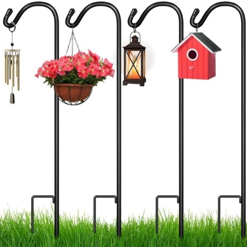 Set of 4 Shepherd Hooks Outdoor Garden Hooks w/ 2-Prong Base - 65in - Lot 4110
