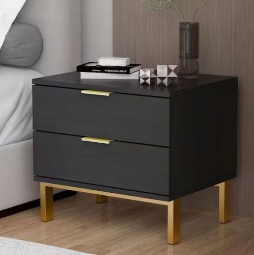 2-Drawer Black Wooden Nightstand Bedside Table With 4 Metal Legs - Lot 180