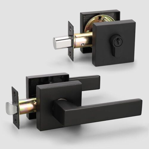 Double Keyed Matte Black Square Deadbolt Lock Set with Passage Heavy Duty Entrance Door Handle, 2 Pack  - Lot 396