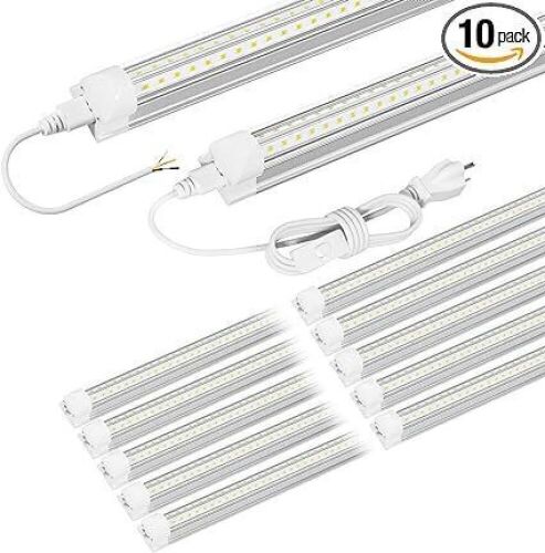 8ft T8 LED Shop Light Fixture, 72w 9500LM 6500K LED, V Shape Clear Lens, 10 Pack  - Lot 426