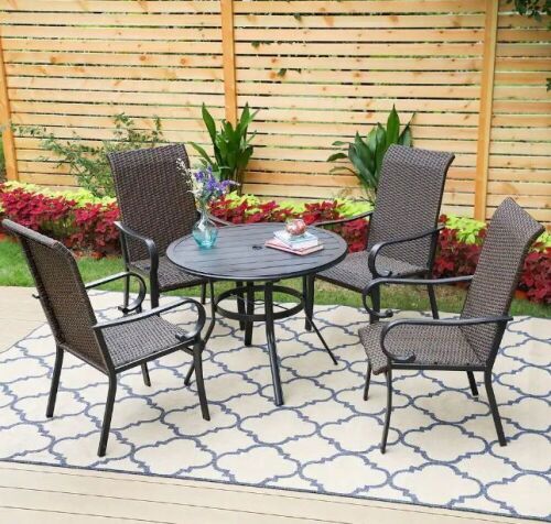 Black 5-Piece Metal Patio Outdoor Dining Set with Slat Round Table and Brown Rattan High Back Arm Chairs - Lot 15