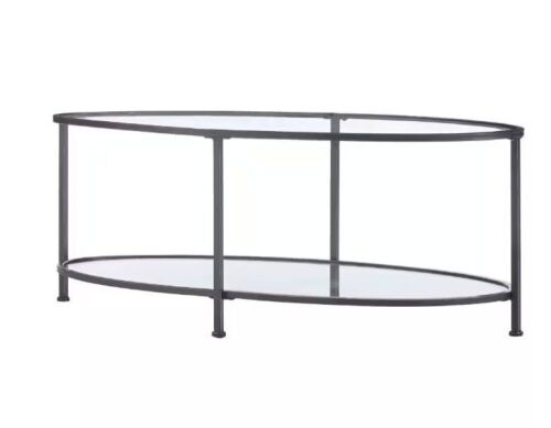 Bella Large Oval Antique Bronze Metal and Glass Coffee Table with Shelf - Lot 90