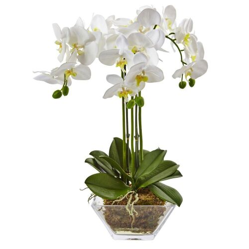 Nearly Natural Artificial White Triple Phalaenopsis Orchid in Glass Vase - Lot 135
