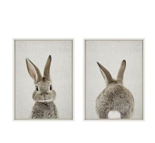 Kate and Laurel Bunny Portrait and Bunny Tail on Linen by Amy Peterson Framed Canvas Wall Art Prints 24 in. x 18 in. - Lot 185
