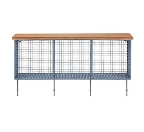 StyleWell Wood and Steel Blue Metal Wall-Mount Storage Shelf with 4 Hooks 14 in. H x 26 in. W x 7 in. D - Lot 309