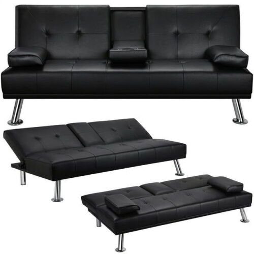 Modern Faux Leather Futon with Cupholders - Lot 91