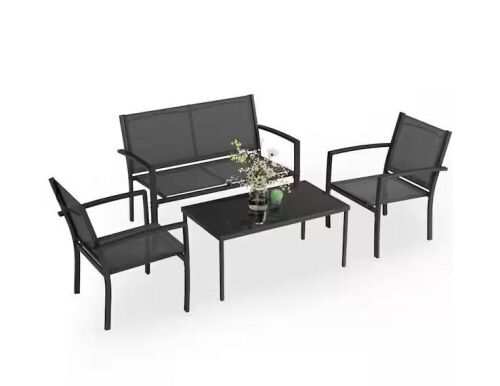 Black 4-Piece Metal Outdoor Bistro Set Patio Conversation Set Glass Coffee Table - Lot 229