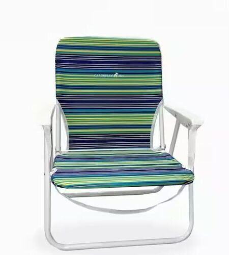 CARIBBEAN JOE Folding Beach Chair, Blue Lime Stripe, Steel Frame 200lb Capacity - Lot 274