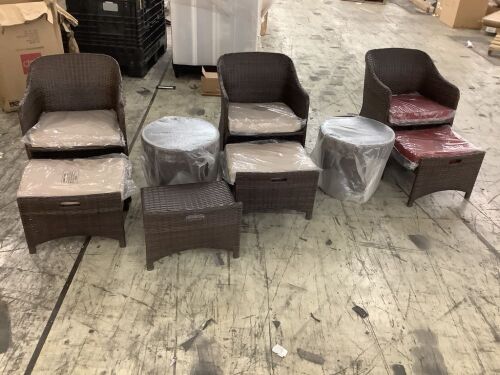 Lot of (3) Wicker Patio Chairs w/ Foot Stools (2) Storage Tables  - Lot 26