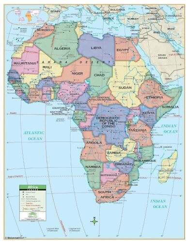 Africa Primary Wall Map 54x69 Laminated on Rails - Lot 243