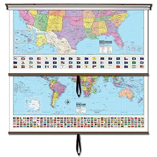 US/World Essential Combo Classroom Wall Map on Roller 54" x 64"  - Lot 253