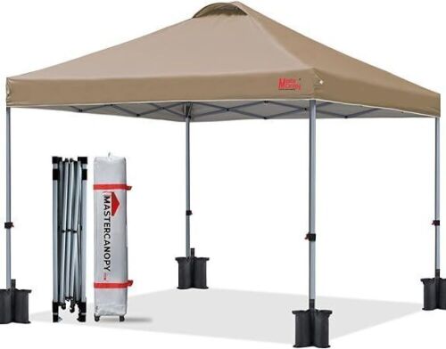 MASTERCANOPY Durable Pop-up Canopy Tent with Roller Bag, 10x10, Khaki - Lot 624