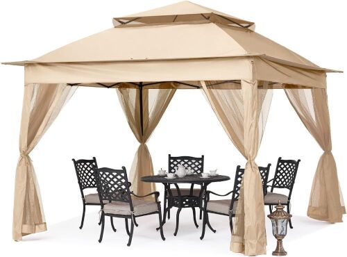 MASTERCANOPY Outdoor Pop Up Gazebo with Mesh Walls, 11x11, Khaki - Lot 644