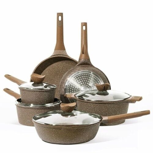 Carote Nonstick Granite Cookware Set, 10 Pcs Brown  - Lot 88