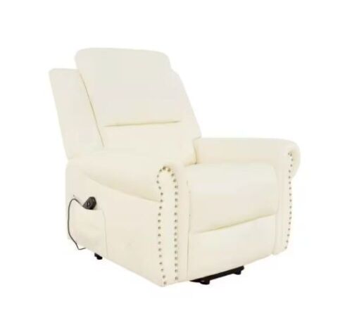 Cream Studded Air Leather Power Lift Reclining Chair with Remote and Footrest  - Lot 61