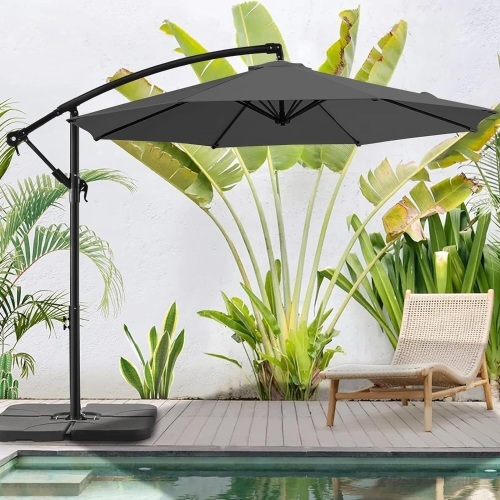 BLUU 10 FT Patio Offset Umbrella Outdoor Cantilever Umbrella Hanging Umbrellas, Fade Resistant Crank & Cross Base (Grey, 10 FT) - Lot 103