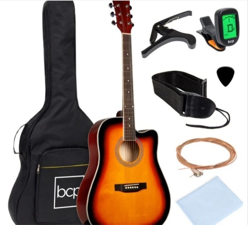 Full Size Beginner Acoustic Guitar Set with Case, Strap, Capo - 41in - Lot 113