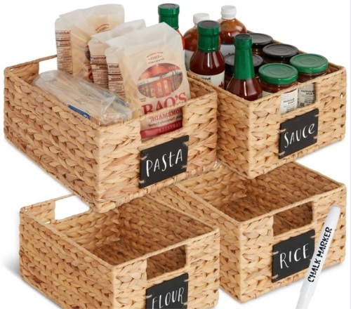 Set of 4 Water Hyacinth Pantry Baskets w/ Chalkboard, Marker - 12in - Lot 116