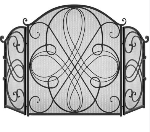 3-Panel Wrought Iron Metal Fireplace Screen Cover w/ Scroll Design - 55x33in - Lot 117
