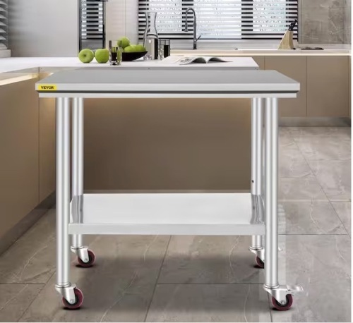Stainless Steel Rolling Table 35.4 x 23.6 in. Kitchen Prep Table with 4 Wheels Kitchen Utility Table, Silver - Lot 223