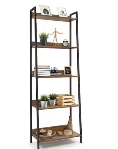 67 in. Rustic Oak Bookcase Shelf Organizer, 24 in. W 5 Tier Ladder Bookshelf for Home Office, Living Room and Kitchen - Lot 241