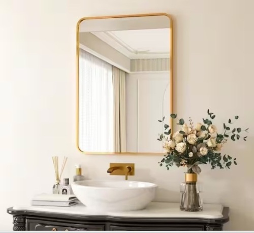 24 in. W x 36 in. H Rectangular Aluminum Alloy Framed Rounded Gold Wall Mirror - Lot 243