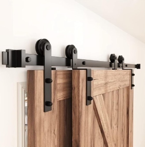 EKOO 5FT Single Track Bypass Sliding Barn Door Hardware Kit for Double Doors, Bypass Barn Door Hardware, Flat Track Roller, One-Piece Rail Low Ceiling (5FT) - Lot 269