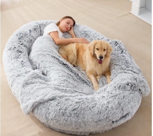 Large Human Dog Bed 75.5"x55"x12" Human-Sized Big Dog Bed for Adults&Pets Giant Beanbag Bed with Washable Fur Cover,Blanket and Strap, Grey Plush - Lot 274