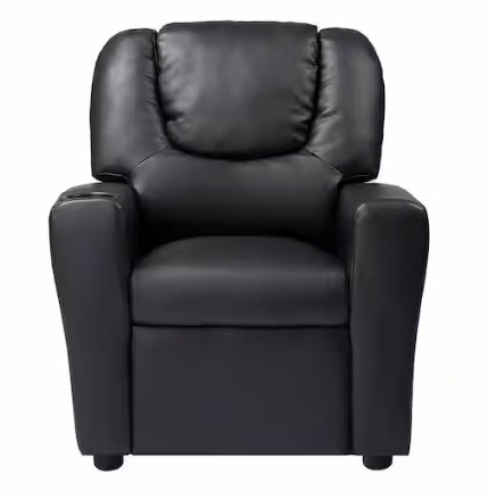 Recline, Relax, Rule Kids' Comfort Champions, Push Back Kids Recliner Chair with Footrest & Cup Holders, Black, PVC - Lot 43