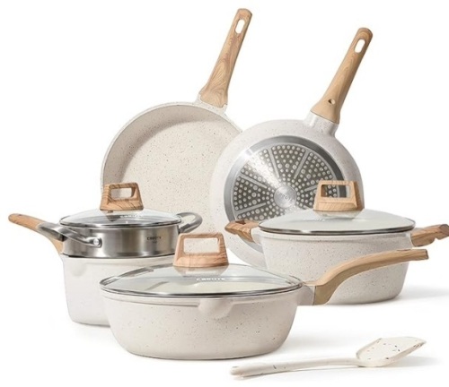 CAROTE Pots and Pans Set Nonstick, White Granite Induction Kitchen Cookware Set, 10 Pcs Non Stick Cooking Set w/Frying Pans & Saucepans(PFOS, PFOA Free) - Lot 144