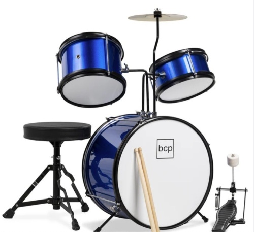 Kids Beginner 3-Piece Drum, Musical Instrument Set w/ Sticks, Stool, Pedal - Lot 348
