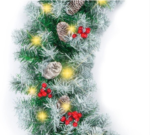Pre-Lit Pre-Decorated Garland w/ PVC Branch Tips, 50 Lights - 9ft - Lot 253a