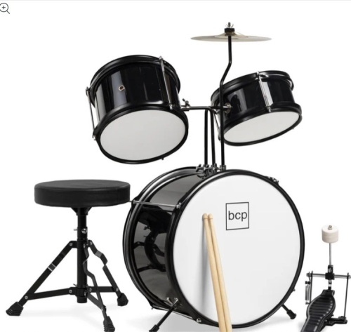 Kids Beginner 3-Piece Drum, Musical Instrument Set w/ Sticks, Stool, Pedal - Lot 358