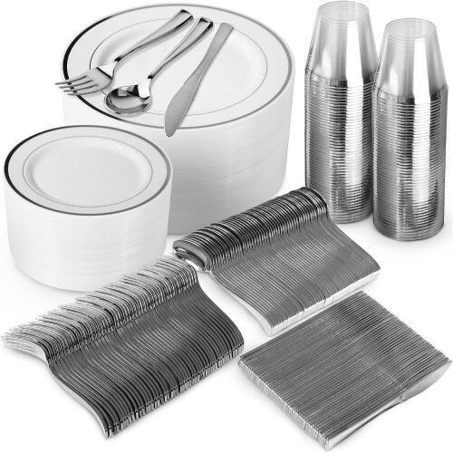 600 Piece Silver Dinnerware Set, 200 White and Silver Plastic Plates, 300 Silver Plastic Silverware, 100 Silver Plastic Cups - Lot 359