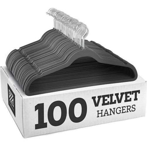 Zober Velvet Ultra Slim Non Slip Shirt Hangers, 100 Pack, Gray - Lot 456