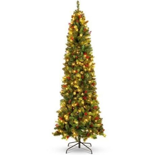 7.5' Pre-Lit Spruce Pencil Christmas Tree w/ Berries, Pine Cones - Lot 416