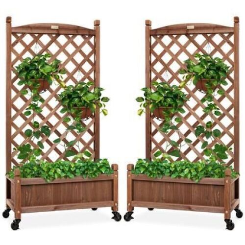Set of 2 Wood Planter Box & Lattice Trellis w/ Optional Wheels, 48in - Lot 697