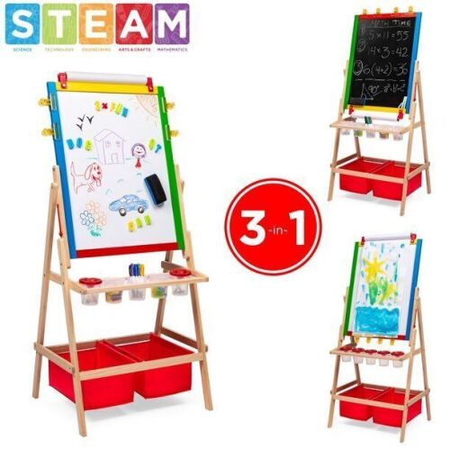 3-in-1 Kids Double-Sided Easel with Chalkboard & Whiteboard, Paper Roll, Dry Erase Markers, Magnets - Lot 827