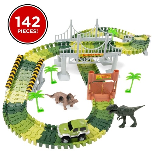 Lot of (2) 142-Piece Kids Big Robot Dinosaur Figure Racetrack Play Set w/ Battery Operated Car - Lot 1171