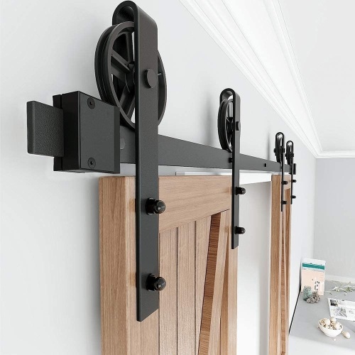 WINSOON 6.6FT Wood Double Sliding Barn Door Hardware Basic Black Big Spoke Wheel Roller Kit - Lot 783