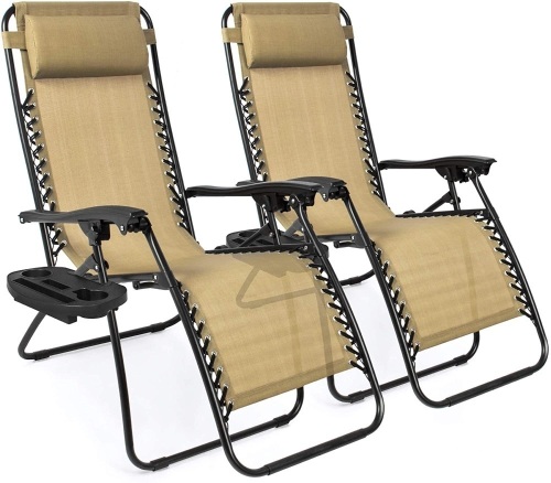 Set of 2 Adjustable Steel Mesh Zero Gravity Lounge Chair Recliners w/Pillows and Cup Holder Trays  - Lot 503
