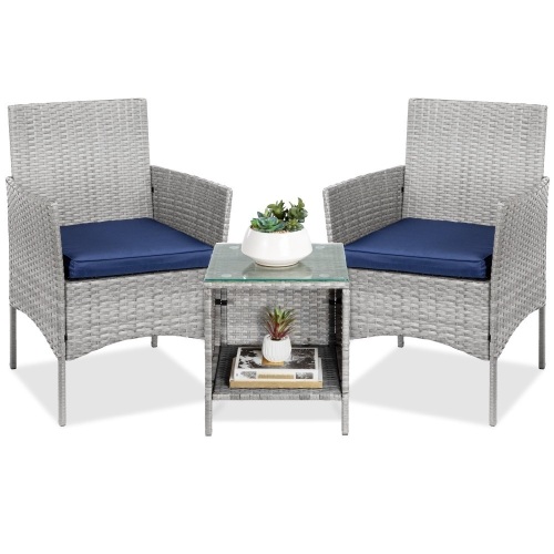 3-Piece Outdoor Patio Wicker Bistro Set w/ Side Storage Table  - Lot 164