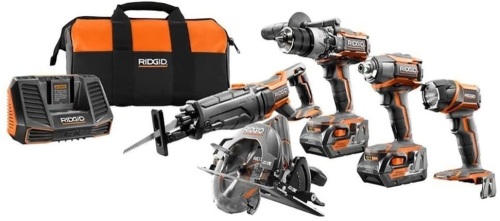 Ridgid 18-Volt 5-Piece Combo Kit, Includes Hammer Drill/Driver, Impact Driver, Circular Saw, Reciprocating Saw, & LED Toch Light - Lot 1384